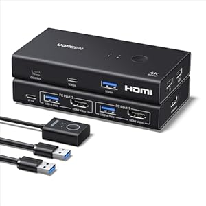 UGREEN Conmutador KVM HDMI 1 Monitor 2 Computadoras, 4K @60Hz con 4 puertos USB 3.0 Conmutadores KVM para 2 computadoras Compartir un monitor HDMI, teclado, ratón, discos duros, cámara web con 2