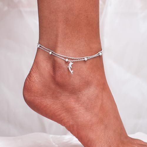 Image of CHIC & ARTSY 925 Sterling Silver Ankle Bracelets for Women, Adjustable Layered Foot Chains with Nature & Symbol Charms, Lightweight Comfort Fit Boho Beach Everyday Jewelry