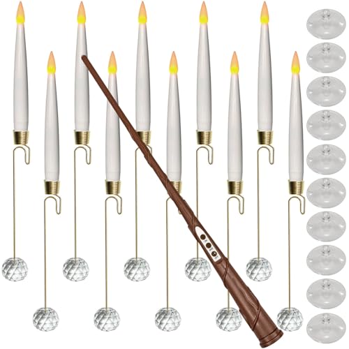 Knoste Christmas Tree Candles-Wand Remote-Crystal Ball Hooks-Suction Cups, 10 Pcs Battery Operated Window Candles, Flickering Warm Light, Xmas Home Ornaments, Wedding Party Decorations