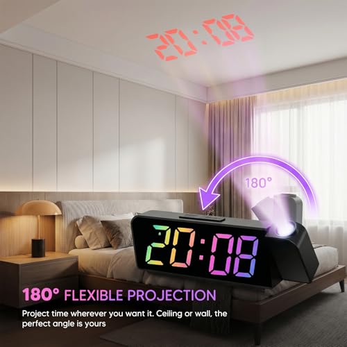 ChaneeHann Projektionswecker mit 180° drehbarer Projektion und großem LED-Display – Digitaler Wecker mit Temperatur, 12/24H, USB, ideal für Schlafzimmer und Büro, Schwarz