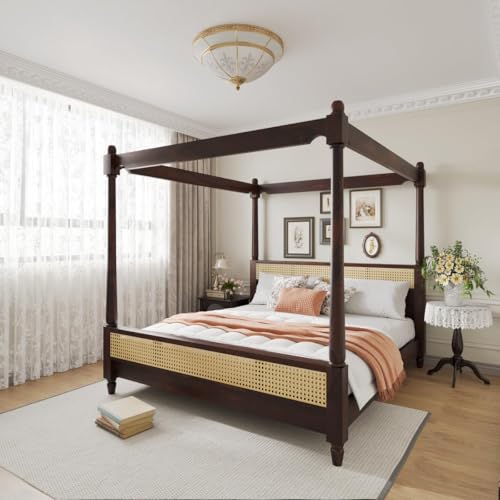 Image of Poster Bed Queen Size for Bedroom | Sheesham Wooden Four Poster Bed Without Storage (Walnut Finish)
