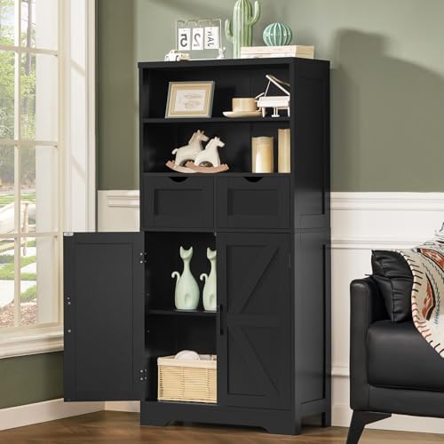 Image of TEENFON Storage Cabinet with Doors & 2 Drawers, Kitchen Cabinet with Adjustable Shelf, Pantry Cabinets, Bathroom Cabinets, for Living Room, Entryway, Home Office, Black