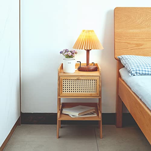 Modern Side Table With Storage Shelf And Fabric Drawer Rattan Nightstand Narrow Night Stand For Living Room Bedroom Bedside Also As Slim Outdoor Patio Small Sofa Couch End Tables (Classic) #TOP5