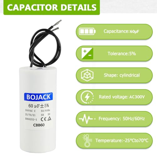 BOJACK Run Capacitor 60 uF 300V AC 60 MFD CBB60 2 Wire 50/60Hz Cylinder Motor Run Capacitor for Motor Blower air Compressor and air Conditioner Compressor Replacement Part by BOJACK - Image 5