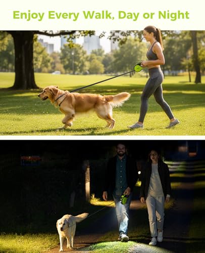 pecute Hundeleine 5m, Rollleine für Hunde mit LED-Licht, 360° Verknotungsfreier verlängerter Leine, Wiederaufladbarem, Rutschfestem Griff und Schnellbremsknopf, für Große bis zu 50 kg Gewicht