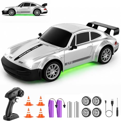 Image of RC Drift Car 1:24 Scale, 4WD Remote Control Car with LED Lights 20KM /H High Speed, Dual-Mode Racing & Drifting Toy Car with 2 Batteries, Gift for Kids & Adults, Silver