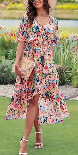 Image of Kormei Women Short Sleeve V Neck Floral High Low Flowy Summer Party Long Maxi Dress