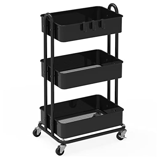 SimpleHouseware Heavy Duty 3-Tier Metal Utility Rolling Cart, Black