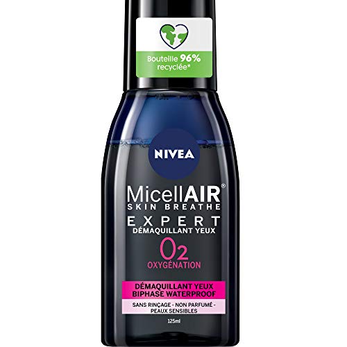 NIVEA MicellAIR SKIN BREATHE Expert Removedor de maquillaje bifásico limpiador facial y ojos sensibles, desmaquillante impermeable enriquecido con extracto de té negro, 125 ml