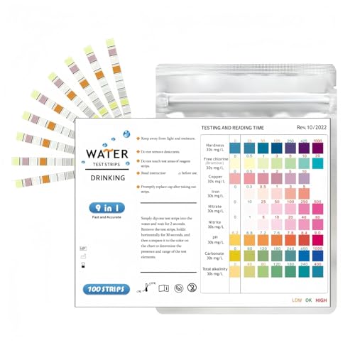 Aquarium Water Test Kit 9 in 1, 100 Strips Water Testing Kit for Aquariums, Easy Test for Nitrite Nitrate pH GH KH Chlorine Copper Iron with Tube and Thermometer