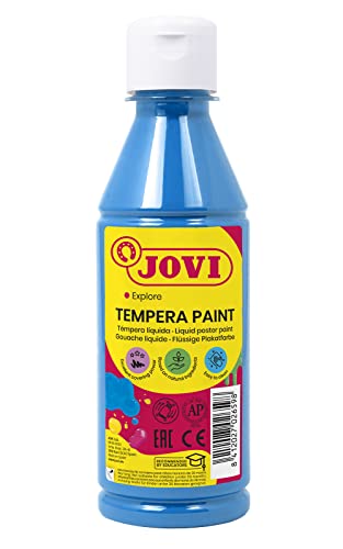 Jovi - Témpera líquida, botella de 250ml, Color azul cyan, Pintura a base de ingredientes naturales, Fácil de lavar, Sin gluten, Ideal para uso escolar (50221)