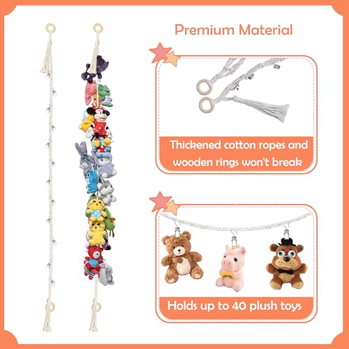 Image of 80 inch 2 Pack Cotton Hanging Storage Chain for Stuffed Animals Storage with 40 Metal Clips Stuffed Animal Organizer Chain for Wall Corner Nursery Play Room