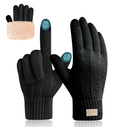 CAOZITOU Womens Winter Gloves,Thermal Touch Screen Knitted Gloves with Soft Lining for Skiing Outdoor (Black)