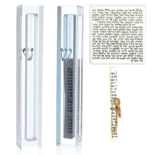 A small transparent acrylic mezuzah case with a raised letter shin mounted near a doorframe