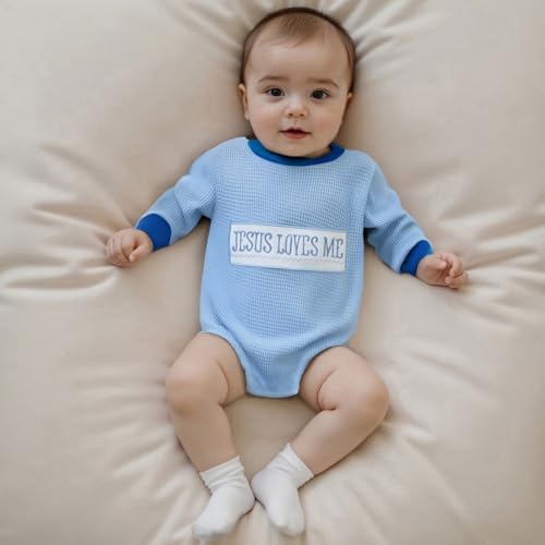 Newborn Baby Boy Clothes Jesus Loves Me Sweatshirt Romper Waffle Knit Long Sleeve Bodysuit Christian Baptism Outfit2