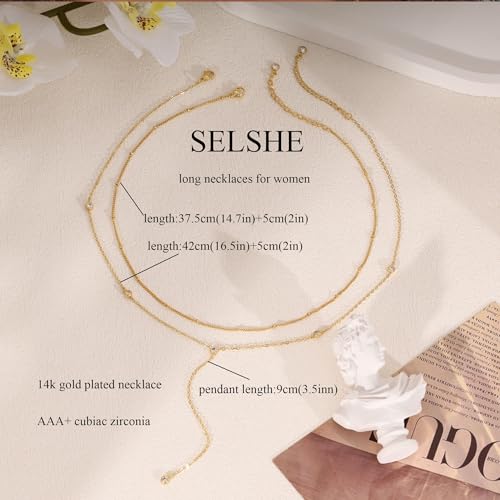 Layered Necklaces for Women,Dainty 14K Gold Plated Long Lariat Necklace Stack Simple Chain Pendant Necklace Fashion Accessories Long Necklaces for Women Trendy Gold Jewelry3