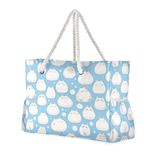 JUNZAN Cute Cats Beach Tote Bag with Handles Swim Pool Bag Beach Totes Bags for Women with Waterproof Pockets Light Blue