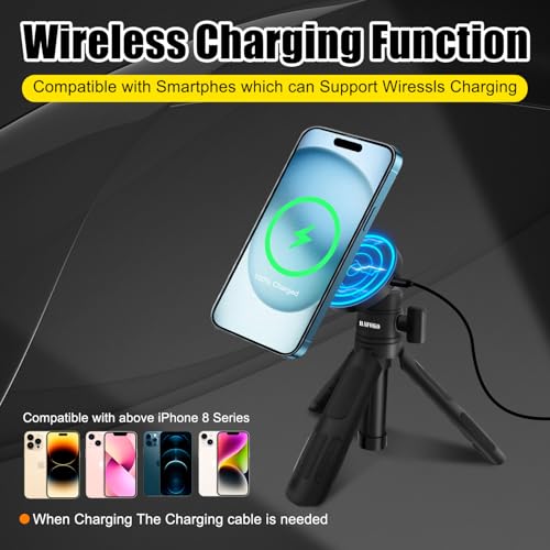 Image of Magnetic Cell Phone Selfie Stick Tripod with 1 /4 inch Magnetic Wireless Charging Tripod Mount Extendable Mini Desktop Smartphone Tripod compatibel for Magsafe iPhone 14 /13 /12 Pro Max All Phones