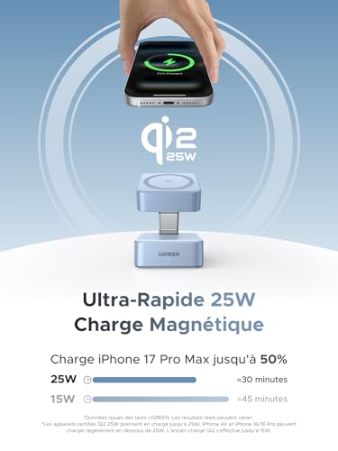 UGREEN MagFlow Qi2 25W Chargeur Induction iPhone 2 en 1 Certifié Compatible avec MagSafe iPhone 17 16 15 14 13 12 Air Plus Pro Max AirPods 4 3 Pro 3 2 1 Chargeur sans Fil Magnétique Pliable Réglable