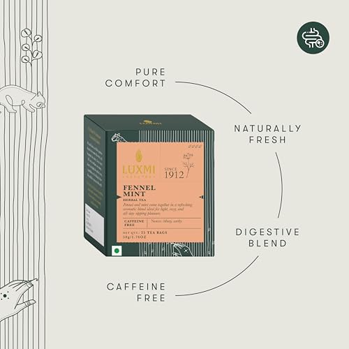 Image of Luxmi Estates Fennel Mint 25 Plant-Based Biodegradable Bags | Refreshing Fennel & Mint Herbal Infusion | Caffeine-Free | Supports Digestion & Gut Health | 100% Natural | 25 Cups