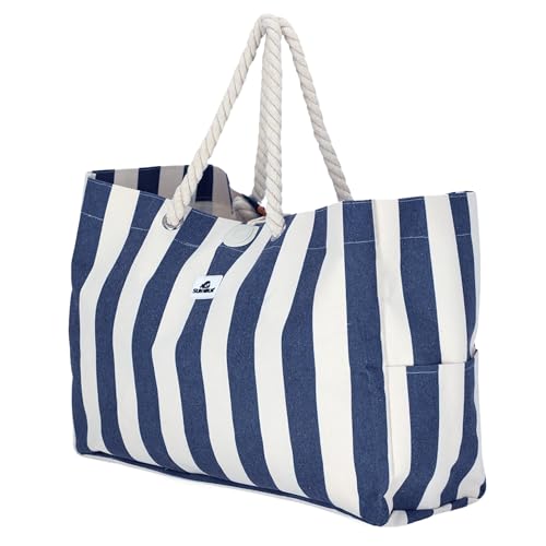 Image of SUN NINJA Canvas Beach Tote Bag with 3 Pockets and a Wooden Closure Toggle