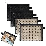 Funalix 4 Stück Kosmetiktasche Klein, Mit Reißverschluss Tragbare Kleine Taschen Organizer, Netz-Mesh Makeup Bag mit Herz-Muster für Reise Lippenstift Kopfhörer (Schwarz & Beige)