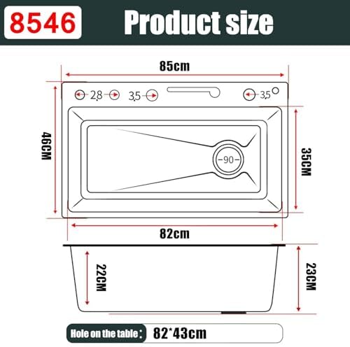 Diagram showing the dimensions of the 85x46CM sink, including the overall size, basin depth, and recommended cut-out size for the countertop.