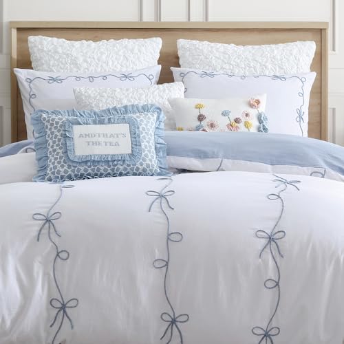 Peri Home Bow Bedding Duvet Cover Cottage Core Vintage Country 100% Cotton 3-Piece Set, Full/Queen, Blue Sasha Bows
