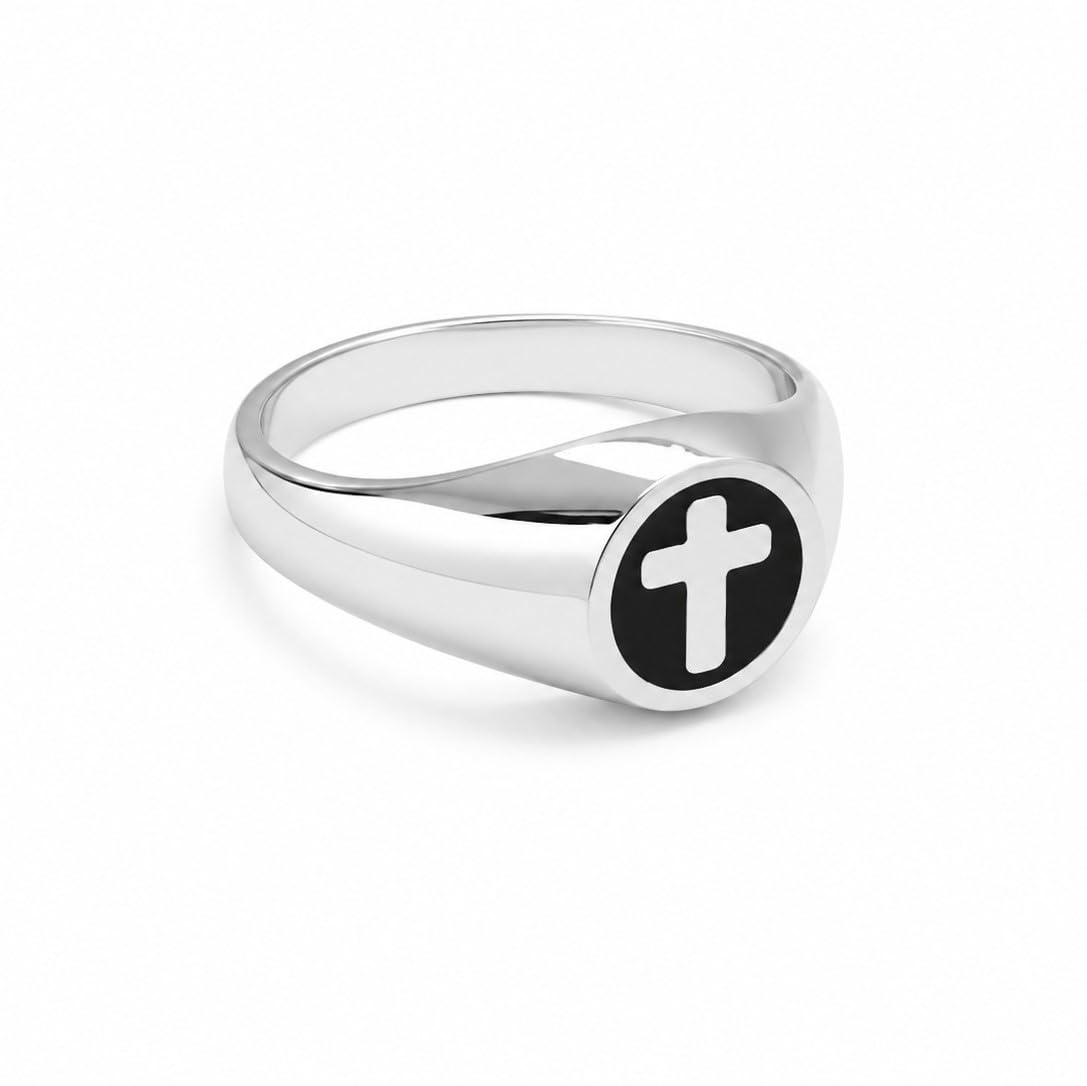 modeva "elevate your essence" Premium Stainless Steel Cross Signet Ring for Men and Women, Black Enamel Christian Cross Statement Ring, Smooth Polished Finish Minimalist Religious Jewelry, Spiritual Style Accessories-picture-51