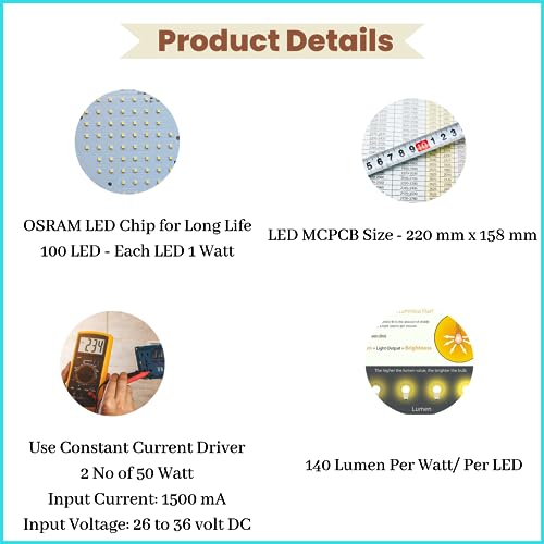 Image of 100 Watt LED MCPCB || High Lumen LED || 140 Lumen Per Watt- Colour: White - 6500 K || Life Span: 50000 Hrs || PCB Size - 220 x 158 mm - Pack of 1