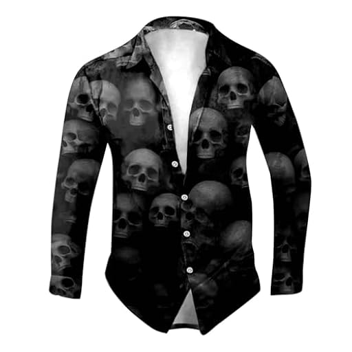 Camisa de Halloween para hombre, diseño de calavera, estampado espeluznante, manga larga, con botones, ropa de calle, camiseta fea sangrienta, camiseta moderna Y2K, camiseta informal, O gris., L | Ya disponible en tu tienda friki favorita! En mundofriki.es!