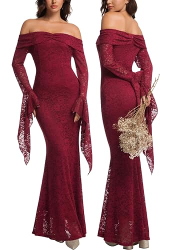 Image of Cercis Womens Off Shoulder Lace Maxi Wedding Dress Boho Flowy Wedding Guest Formal Long