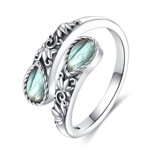 Bague labradorite en argent sterling pour femme avec motif fleur de lotus