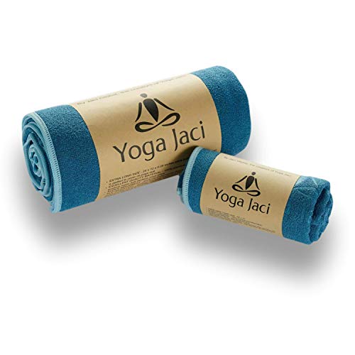 Yoga Mat Towel and Hand Towel as a Combo Set - Non Slip - Sweat Absorbent - Soft Microfiber Towels - for Hot Yoga, Pilates, Mat (Blue, 1 Mat Towel + 1 Hand Towel)