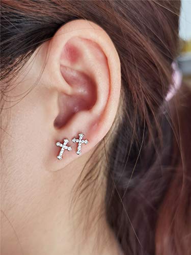 Zetshion Cz Cross 20G Barbell Ball Stud Sterling Silver Earrings For Women Girls Cubic Zirconia Tiny Small Studs Cartilage Tragus 4Mm Bead Screw Back Hypoallergenic Thin Faux Piercing Body (Silver) 1 thumb #2