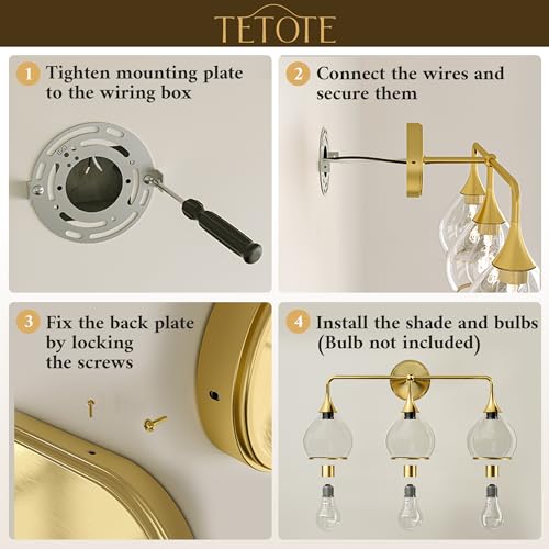 Image of TETOTE 2-Light Modern Bathroom Light Fixtures, 2 Light Vanity Lights Over Mirror Gold Wall Lamp with Clear Glass for Bathroom, Mirror, Living Room, Bedroom, Hallway