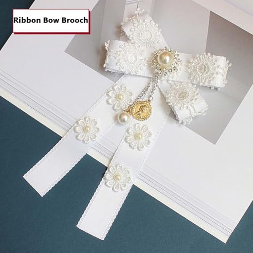 Image of Lace Ribbon Bow Tie Brooch Rhinestone Pearl Necktie for Girl Women Fashion jabot collar brooch pins Pre-Tied Corsage