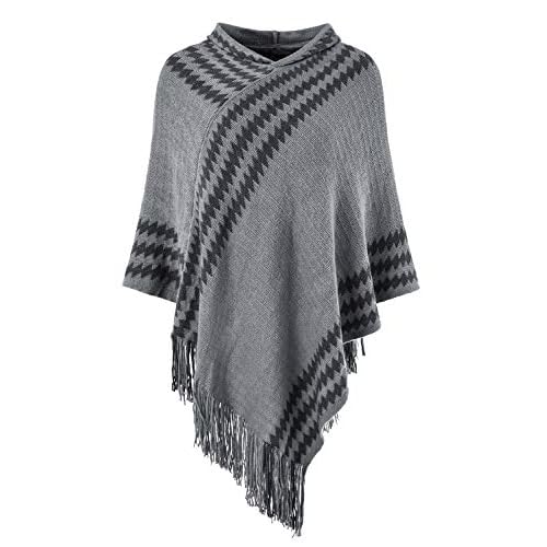 Ferand Women's Cozy Zigzag Poncho Sweater Lightweight Fringe Cape Cloak with Hood Grey