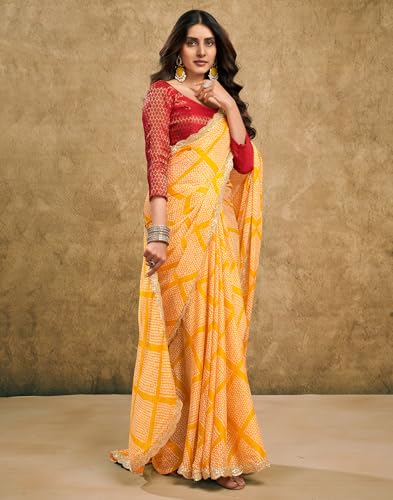 Image of SIRIL Women's Chiffon Bandhani Printed Saree With Unstitched Blouse Piece
