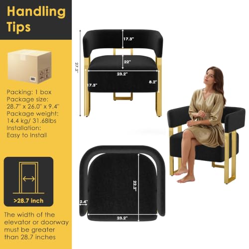 Image of Boucle Dining Chairs Set 2, Black Upholstered Accent Armchairs, Gold Legs