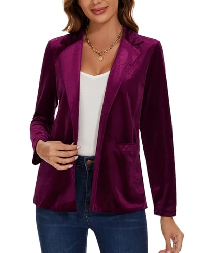 MINTLIMIT Velvet Blazers for Women Long Sleeve Notched Lapel Blazer Formal Events Work Office Velvet Jacket Coat with Pockets,M,Purplish Red3