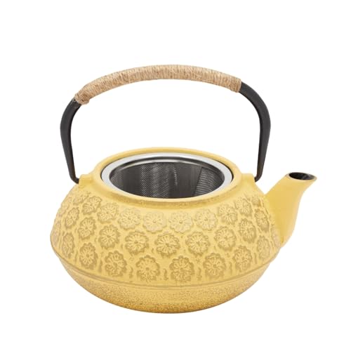 Juvale Japanese Cast Iron Teapot - Stainless-Steel Infuser & Loose Leaf Tea Pot - Superior Heat Retention Cast Iron Kettle - Elegant Floral Trivet For Home Tea Set - 800 ml, Yellow - Image 5