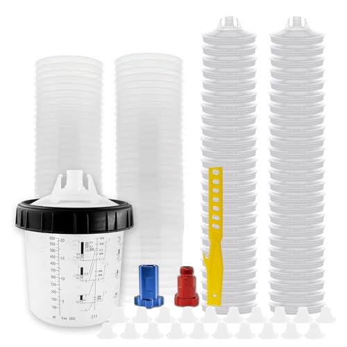 RRJ Disposable Paint Cup Spray Gun Cup, Paint System for LVLP and HVLP Spray Gun Kit 600 ML Mixing Cup with 50 Cups Liners and Lids, 1 Hard Cup with Retainer Ring, 2 Cup Adapter, Stirrer