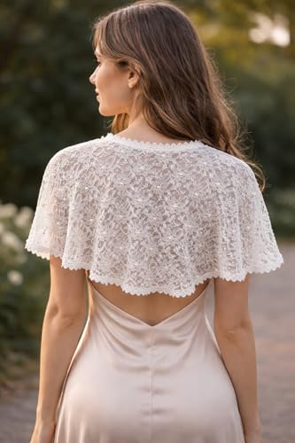 Image of Women White Lace Poncho with Pearl Work | Front Open Net Cape | Party & Shrug