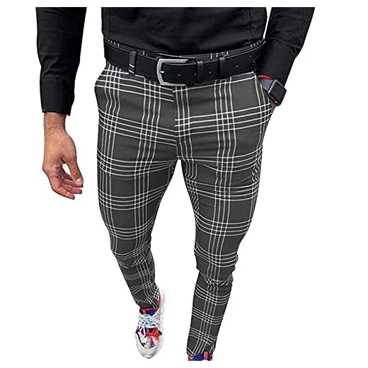 Byxor Med Rutigt Tryck För Män Fritidsbyxor För Herr Med Dragkedja Och Resår I Midjan, Plädade Chinosbyxor (Color : Gray, Size : S)