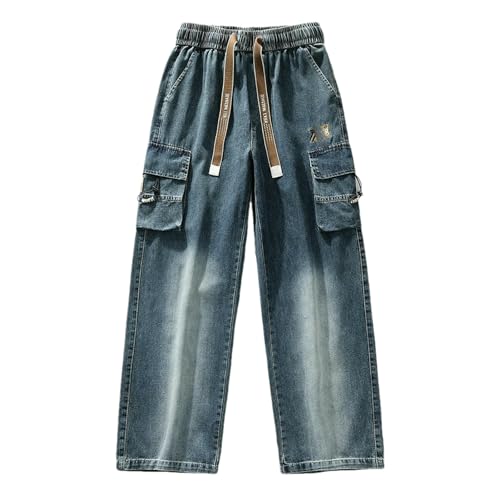 Summer Men's Straight Jeans Multi-Pockets Wide Leg Denim Cargo Pants Lightweight Baggy Jeans Trousers
