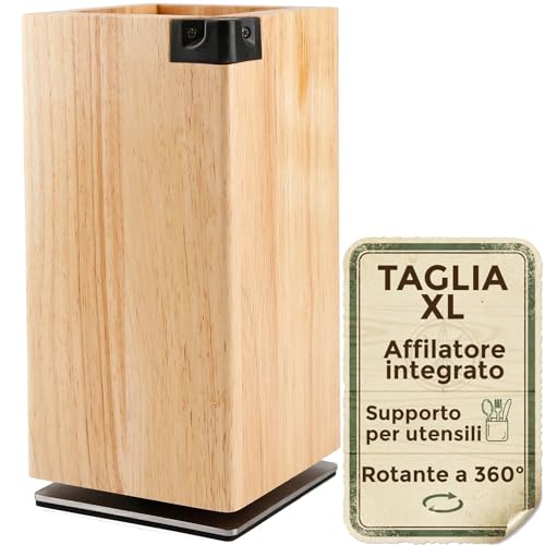 Ceppo coltelli da cucina magnetico XL con affilacoltelli integrato. Porta coltelli magnetico da cucina in legno massiccio. Ceppo coltelli da cucina professionali robusto ed elegante (360º)