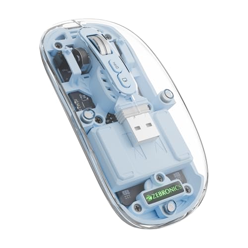 Image of ZEBRONICS Sheer Rechargeable Wireless Mouse, Dual Mode (2.4GHz + BT), Dual Bluetooth, Silent Operation, Transparent Body, RGB, Battery Indicator, for Mac | Laptop | Computer (Blue)