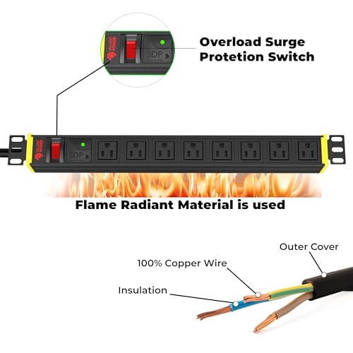 Protector eléctrico Rack Mount PDU, 8 tomas, 15A, 120V, con interruptor luminoso, 19 pulgadas, para servidor y equipo AV miniatura 6