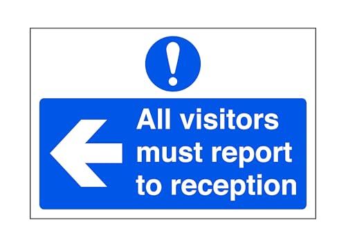 All visitors must report to reception "arrow left" - road sign - 1.2mm Rigid plastic for indoor/outdoor usage (300mm x 200mm) Viewing Distance within 7m.